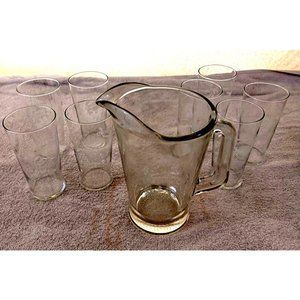 Lot of 9 Dr. Peppers Soda Phos-Ferrates 100th Anniv Etched Glasses & Pitcher Vtg